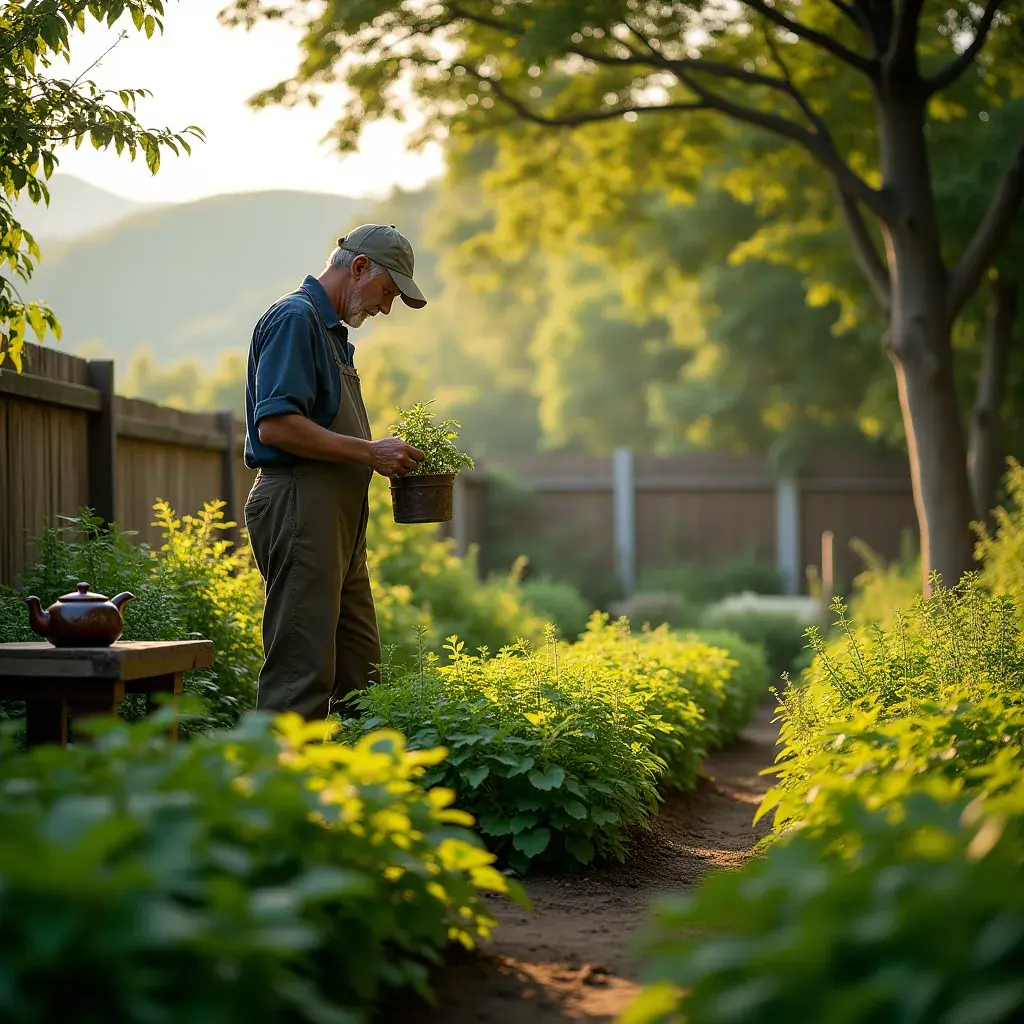 Kép a teafőzés folyamatáról, aromás gyógynövényekkel.